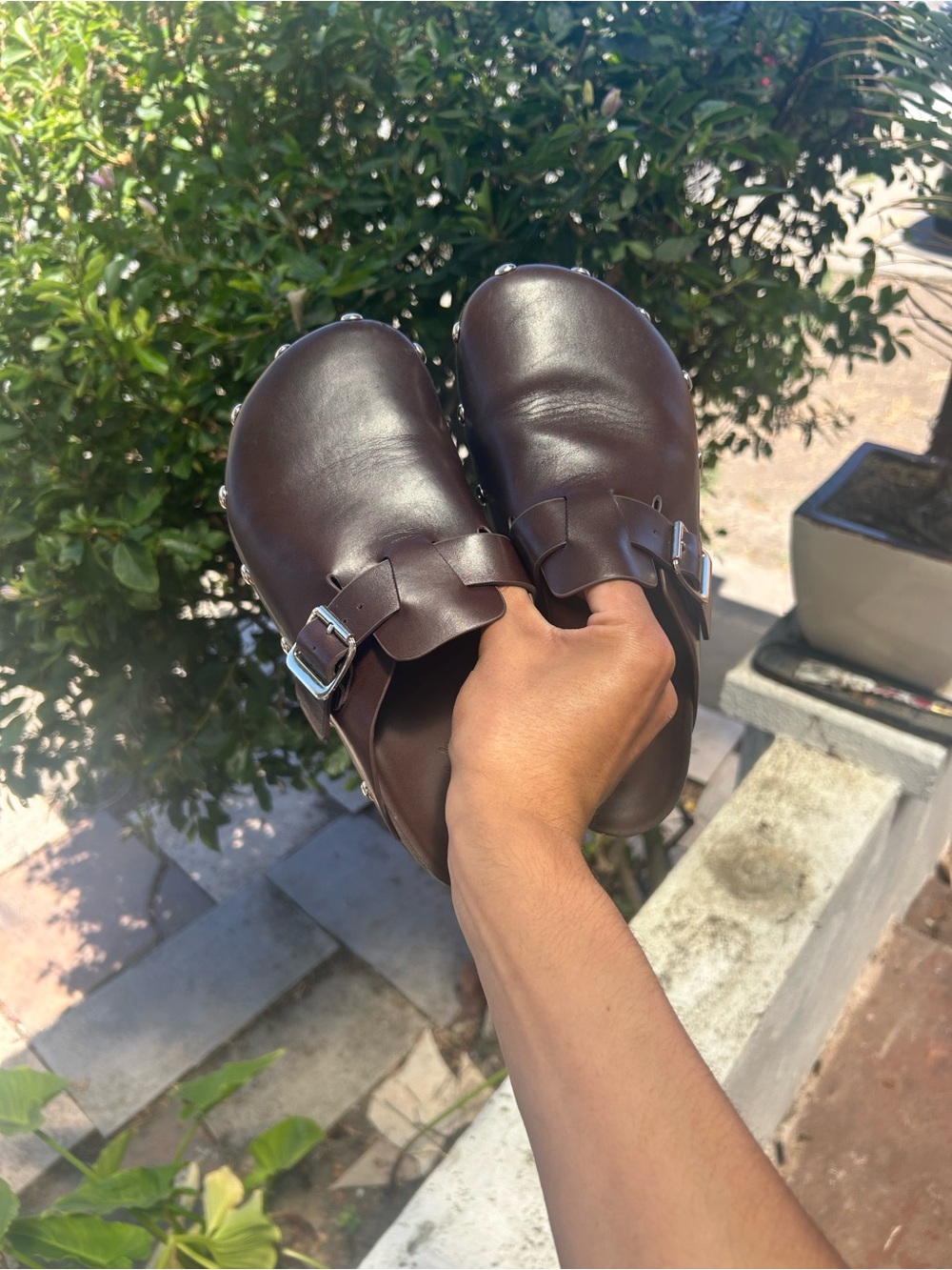 Target Brown Leather Buckle Clog Mules